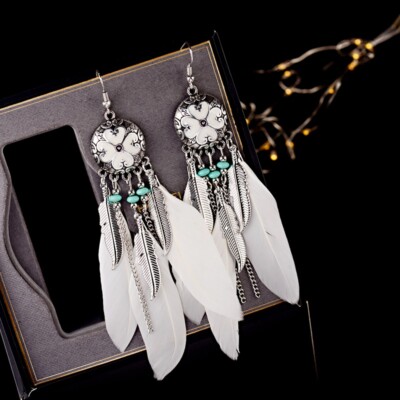 Fashion Women White Boho Feather Earrings Tibetan Jewelry Brincos Bijoux Vintage