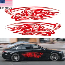 2Pcs 70.5'' Red Skull Skeleton Scythe Flame Body Side Skirt Vinyl Decal Stickers