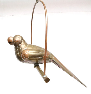 Sergio Bustamante Brass and Copper Parrot Sculpture 1960s-1970s Hanging ON perch