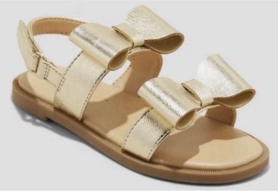 Cat & Jack Girls Gold Bow Flat Sandals Open Toe Hook & Loop Ankle