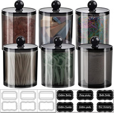 Black Acrylic Apothecary Jar Set 6 Pack Bathroom Organizer with Labels