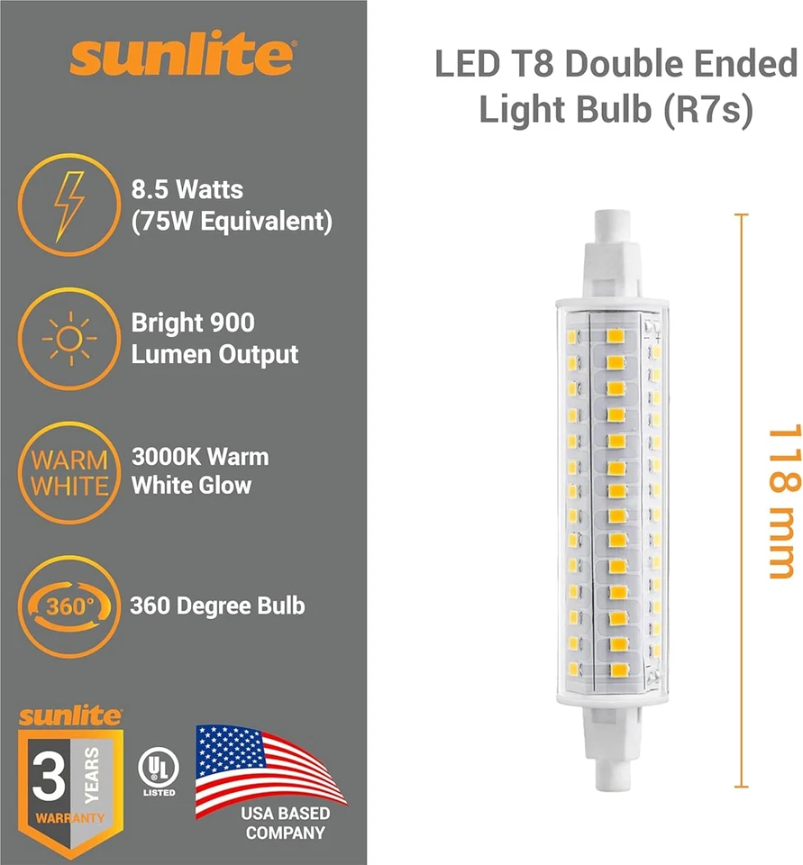 LED T8 Double Ended Light Bulb (R7S) 118 MM, 8.5 Watts (75W Halogen Equivalent)  - Image 2 of 4