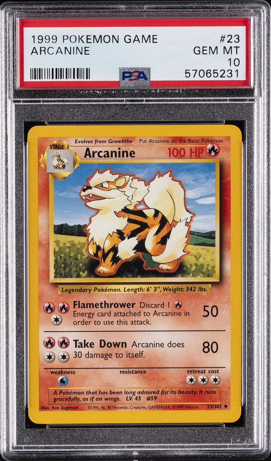 1999 POKEMON BASE SET UNLIMITED #23 ARCANINE PSA 10