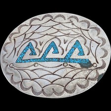 1" Turquoise Inlay Mountain Navajo Handmade N Silver 1980s Vintage Belt Buckle