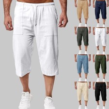 Mens Cotton Linen 3/4 Length Shorts Elasticated Waist Cargo Capri Cropped Pants