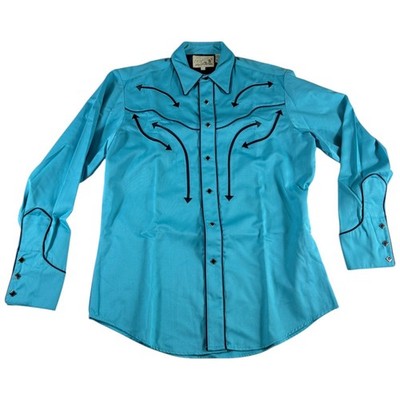 Vintage Roper Western Shirt Mens Large Turquoise Blue Snap Up Embroidered Cowboy