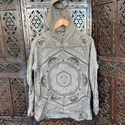 Nepal 100% Cotton Hoodie Sacred Geometry Mandala Pullover Boho Festival Womens M