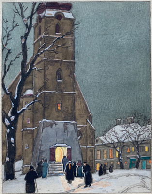 Kirchgang im Winter. Miniatur 9,3x12 cm. Blatt: 12,3x16,2 cm.