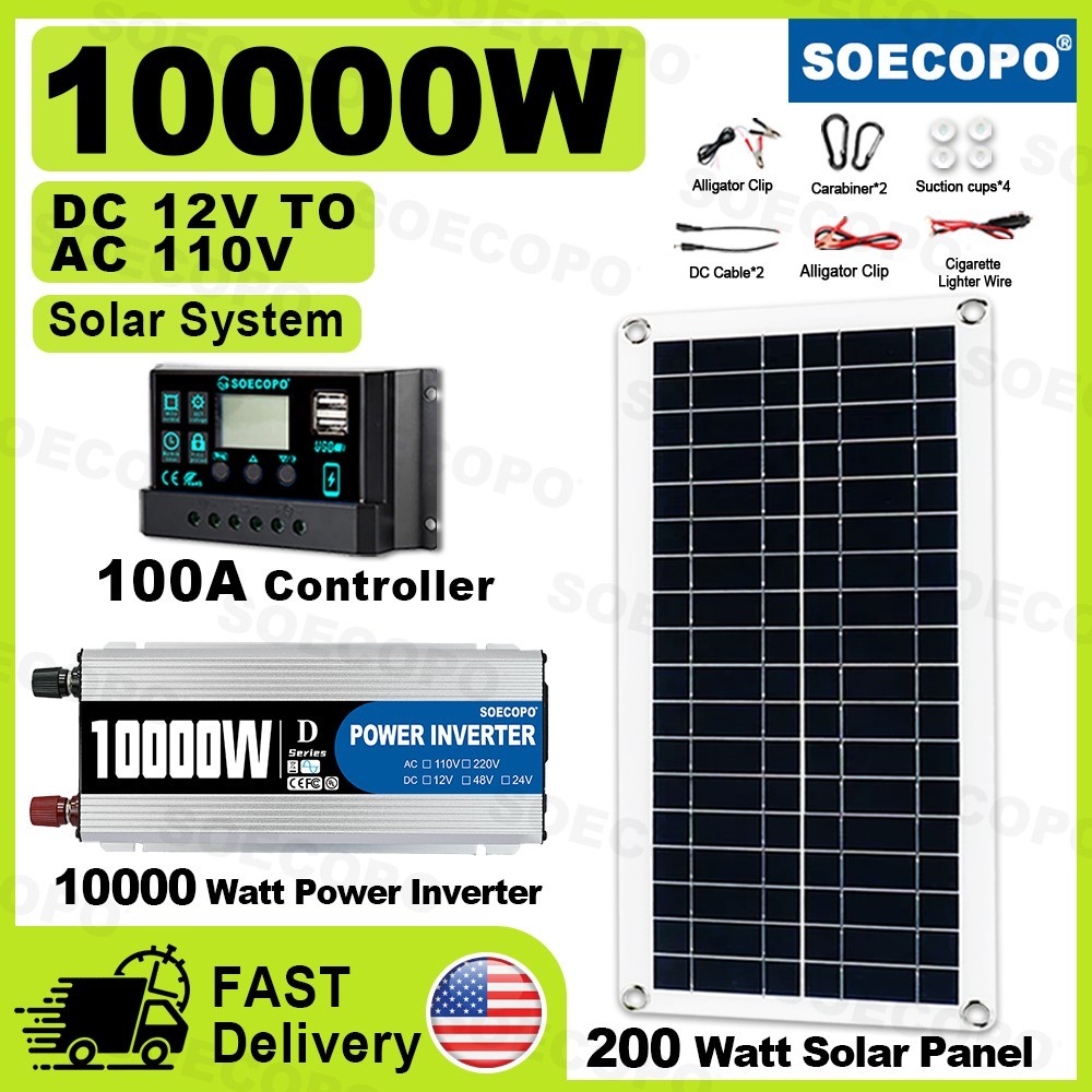 SOECOPO 10000W Solar Power Kit DC 12V AC 110V Inverter 200W 