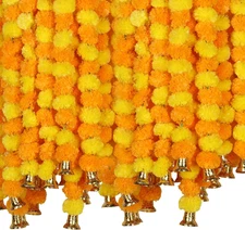 5 PC 4.5 Feet Long Strands Artificial Marigold Flowers with Bell Garland for Diw