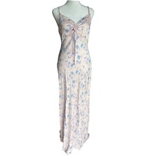 Pink Floral Maxi Slip Dress V-Neck Smocked Back Small Whimsical Coquette Ruched