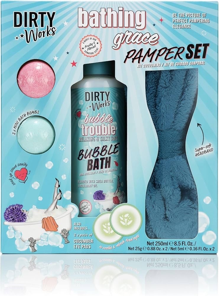 Dirty Works Bathing Grace Pamper Gift Set Bubble Bath, Bombs, Eye Pads, Headband