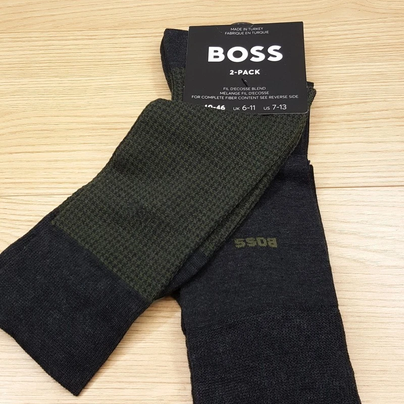 HUGO BOSS Crew Dress Socks Mens 7-13 Gray Green Houndstooth 2-Pack Cotton Logo - Image 2 of 4
