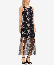 VINCE CAMUTO Black Tropical Floral Embroidered Sheer Mesh Midi Maxi Dress XXS XS