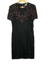 Vintage AP Ltd Floral Sequin Dress NEW 8 Black Pink Purple Deadstock