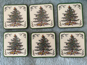 SPODE CHRISTMAS TREE COASTERS (6) SQUARE WITH ACRYLIC FINISH