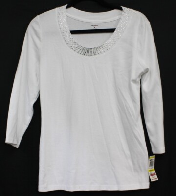 Style & Co Women's Rhinestone 3/4 Sleeve Top Med New White Pullover Scoop Collar