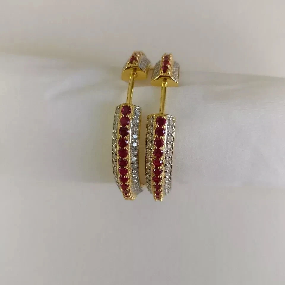 2Ct Round Lab-Created Ruby Diamond Huggies Hoop Earrings 14K Yellow Gold Plated - Image 3 of 4