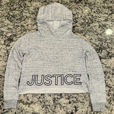 Justice Active Hoodie Girls 8/10 Gray Crop Pullover Long Sleeve Black Logo Rare