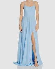  345 Faviana Couture Women Blue High Slit Chiffon Lace-Up Back Gown Dress Size 8