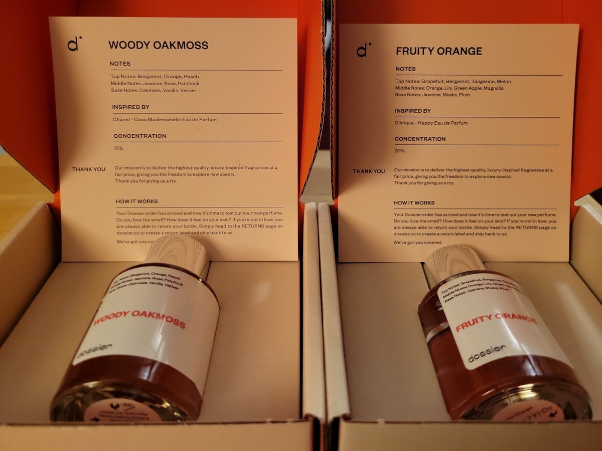 Dossier. 1-Woody Oakmoss. 1-Fruity Orange. Parfum. New. Great