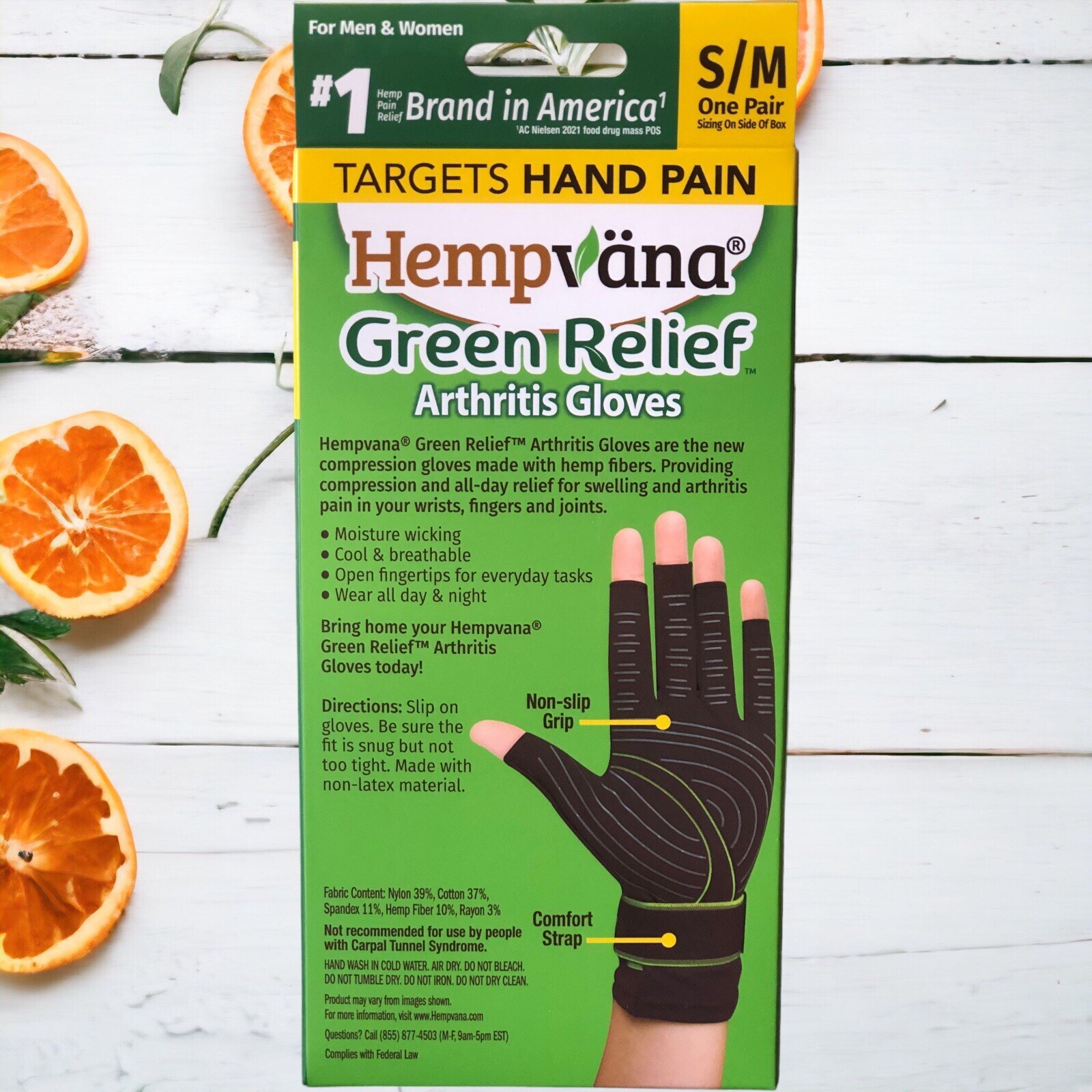 Hempvana Green Relief Arthritis Compression Gloves Comfort Strap Size S