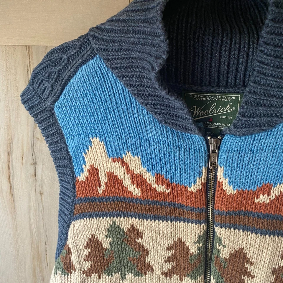 Woolrich Mujer Punto Pesado Algodón Cremallera Osos Peces Naturaleza Escena Suéter Chaleco L Foto 3 de 4