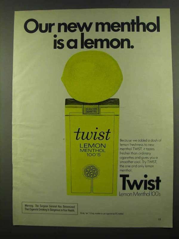 1974 Twist Lemon Menthol 100's Cigarettes Ad