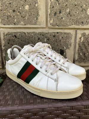 GUCCI White/Green Mens Leather Logo Crocco Lace-Up Sneakers US || EU 40 