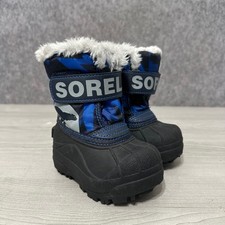 Sorel Snow Commander Boots Kids Size 5 Blue Camo Faux Fur Winter Snow Boots