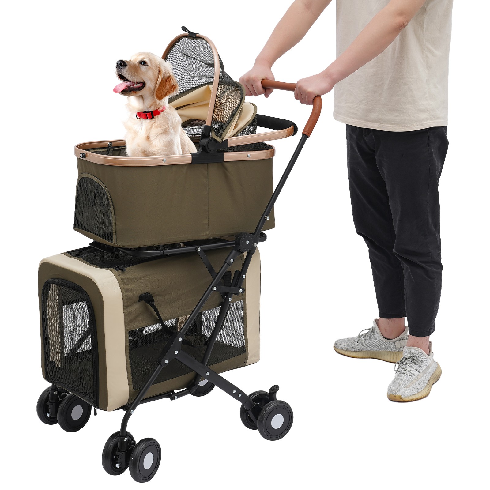 Two-Tier Foldable Dog & Cat Stroller with 300D Oxford Fabric & Steel Frame 77lb