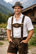 Men Bavarian Lederhosen Shorts Oktoberfest German Traditional Brown