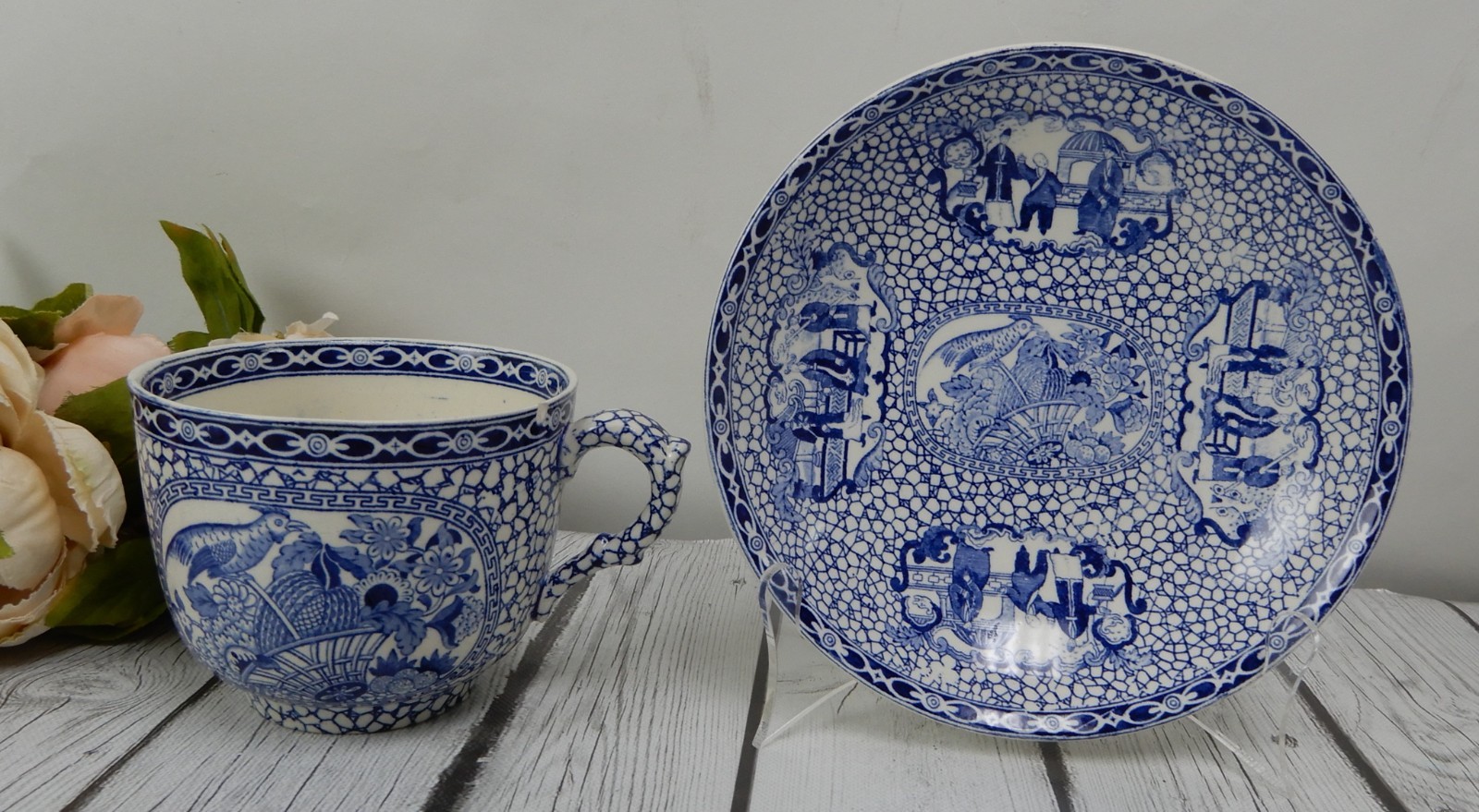 William Adams Pottery Pottery Blue & White Chinese Bird Jumbo Cup and Bowl