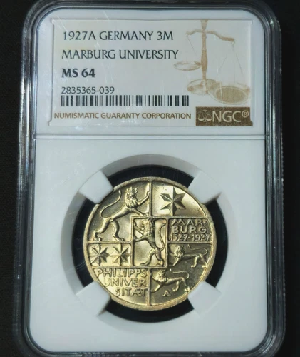 3 Reichsmark 1927 A University in Marburg Weimar Republic Germany MS64 NGC 150K!