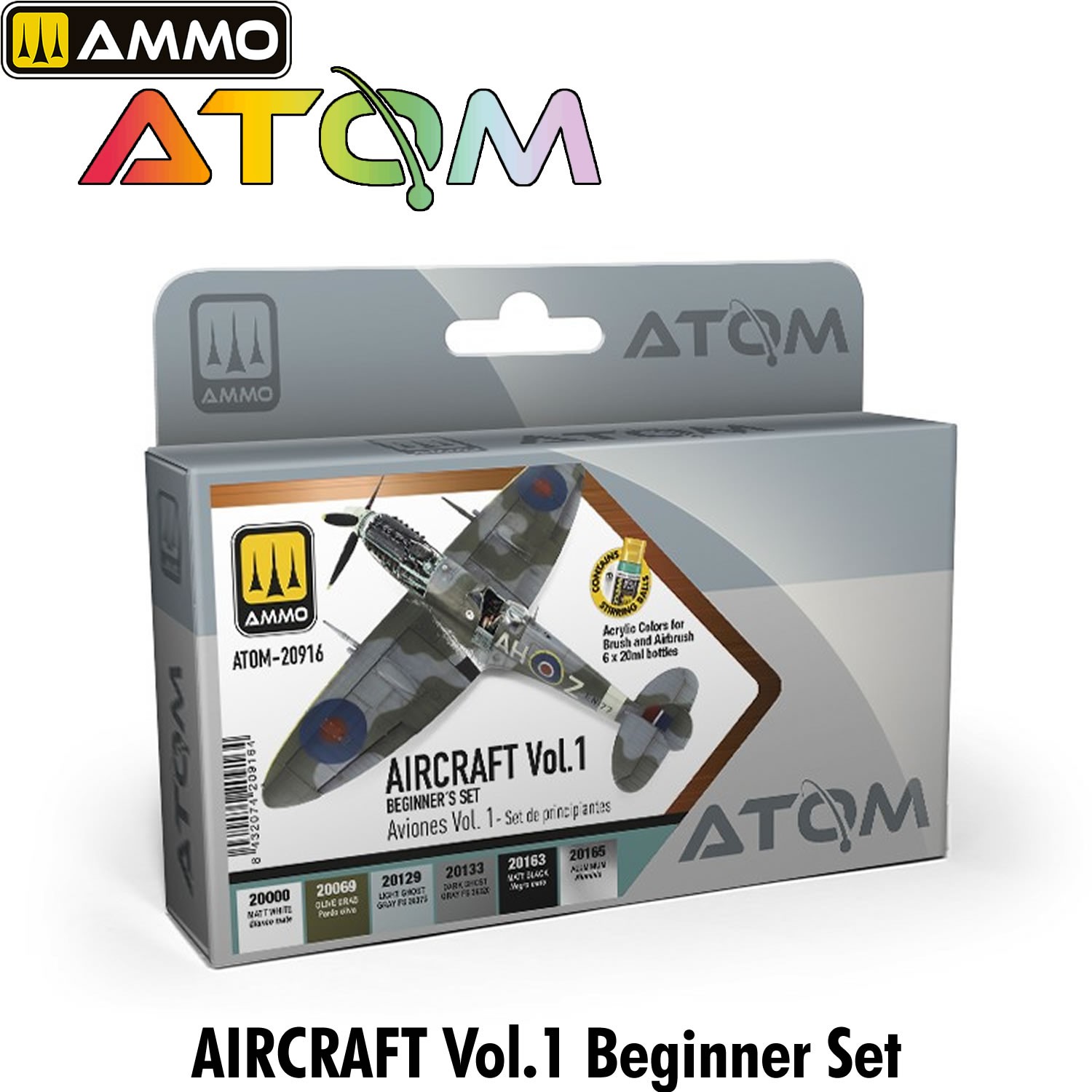 Atom BEGINNERS SET AIRCRAFT Vol1 Acrylic Paint 6 x 20ml Brush Airbrush ATOM20916