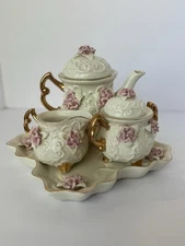 Cottage Core Ivory ~Pink Cabbage Roses W/Gold Accents Porcelain 6 Piece Tea Set