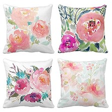 Set of 4 Throw Pillow Covers Peonies Summer Watercolor Floral 20 x 20 inches