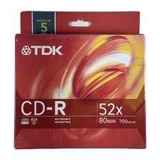 TDK CD-R 52X Recordable 80Min 700MB/MO 5 Pack New Sealed A16 SHIPS FREE
