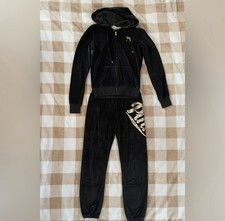 Victoria's Secret PINK Black Velvet Matching Set Hoodie  Sweatpants Size Small