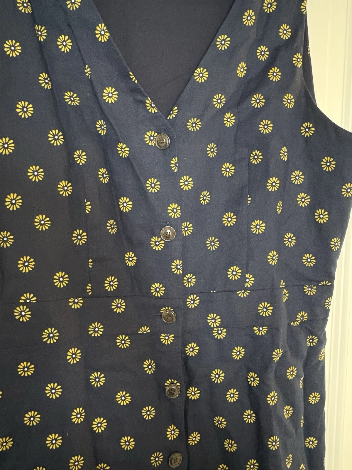 VETEMENTS Abito J Crew blu navy e giallo margherita scollo V senza maniche taglia 6 cotone lino estivo