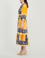 Sandro Paris Kleid Hawaii Print Gelb Lang V-Ausschnitt Sommer Gr. 38 Fr