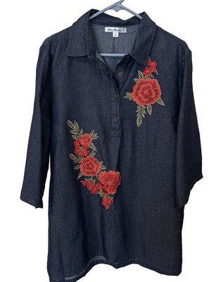 Say What? Dark Navy  Denim Tunic Top 5 Button Placket 3/4 Sleeves 1X