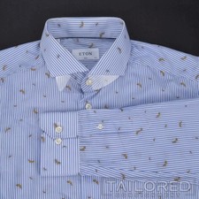 NEW - ETON Blue Embroidered Banana Striped Cotton SLIM FIT Dress Shirt - 17.5
