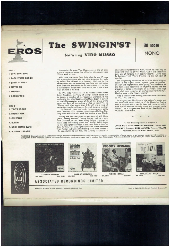VIDO MUSSO THE SWINGIN'ST VINYL  ALBUM 1960 MAYNARD FERGUSON/CHICO ALVAREZ - Image 2 of 2