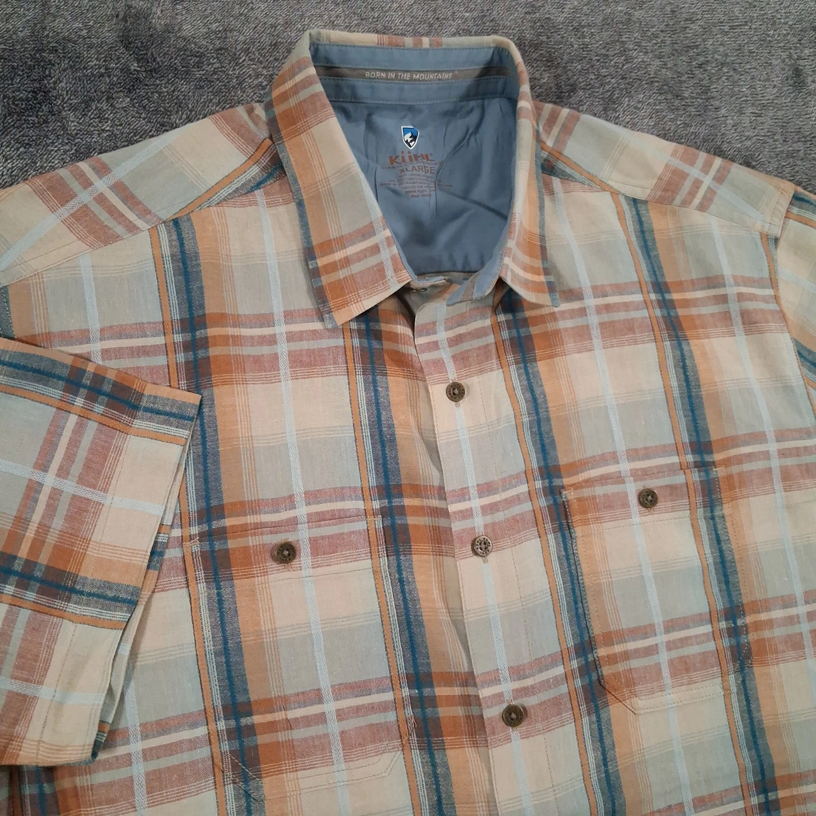 KÜHL Skorpio Linen Blend Shirt Mens XL Tan Orange Blue Plaid Short Sleeve Pocket
