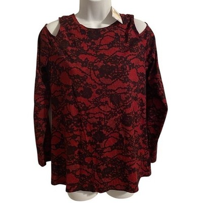 Michael Michael Kors Crimson Red Black Lace Cold Shoulder Top QH75FZL86D M