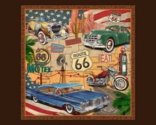 Route 66 Classic Cars Motorcycle Travel 36x44" Cotton Fabric Panel