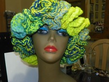 Multi color Blue Yellow Lime Green Handmade Crocheted Ruffle Hat