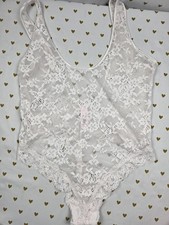 Victorias Secret Sheer White Lace Large Snap Close Teddy Bodysuit Lingerie Thong