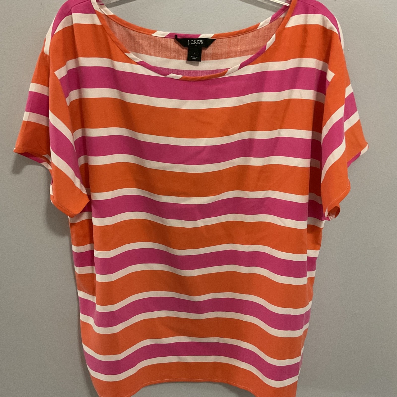 Womens J. Crew 100% Silk Boatneck Boxy Striped Short Sleeve Top, Large,Coastal